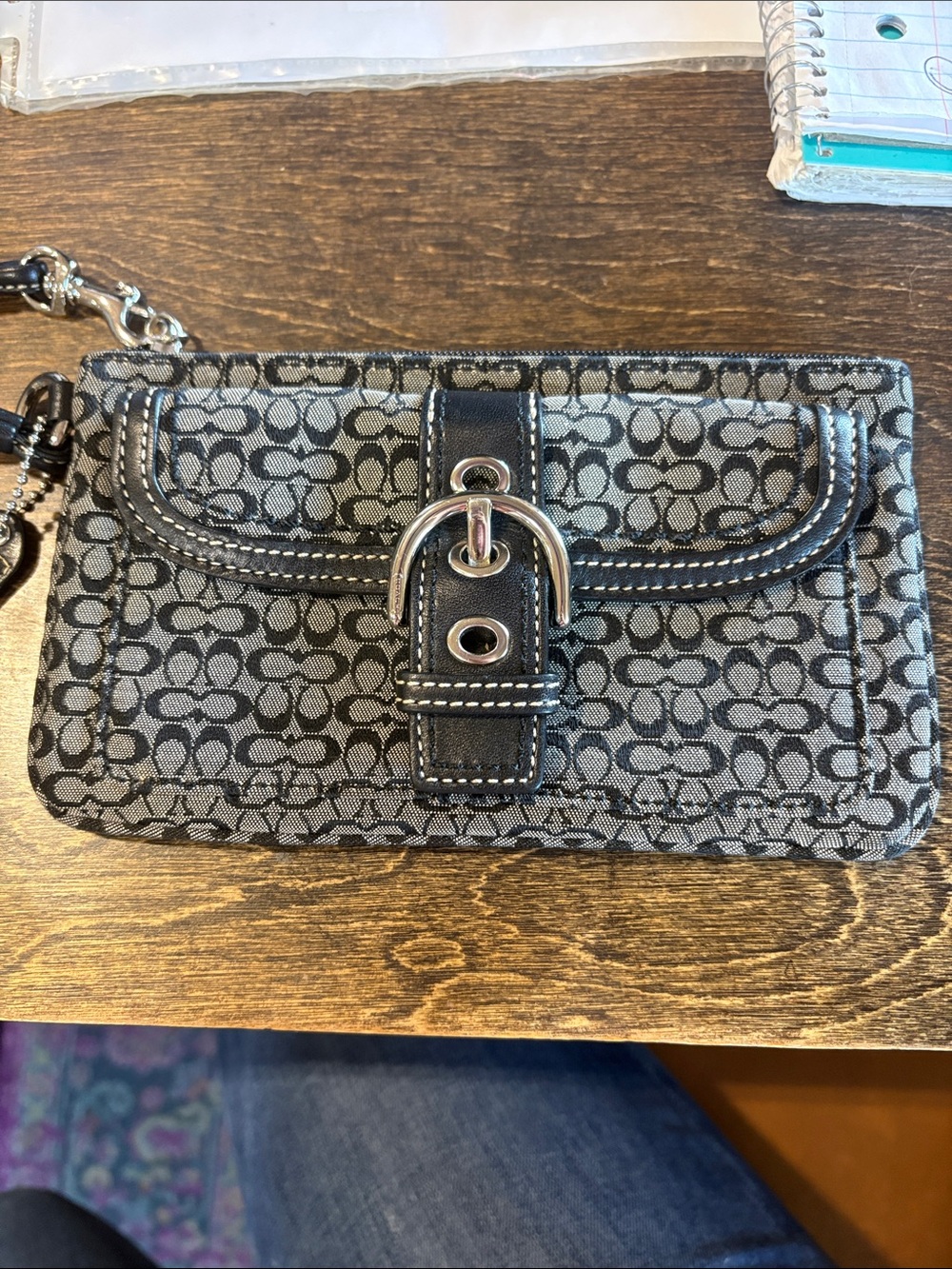 Coach Black and Gray Signature Canvas Wristlet with Buckle Detail
